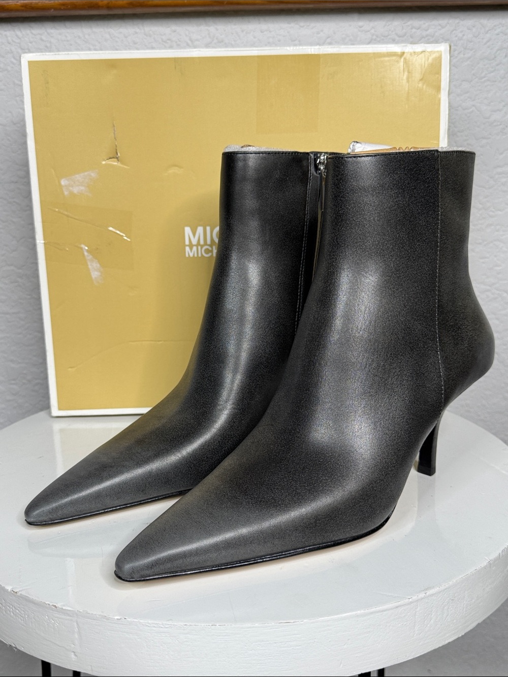 MICHAEL KORS SELENA HEELED BOOTIE STORM OMBRÉ GRAY BURNISHED LEATHER **NIB** - Picture 4 of 13
